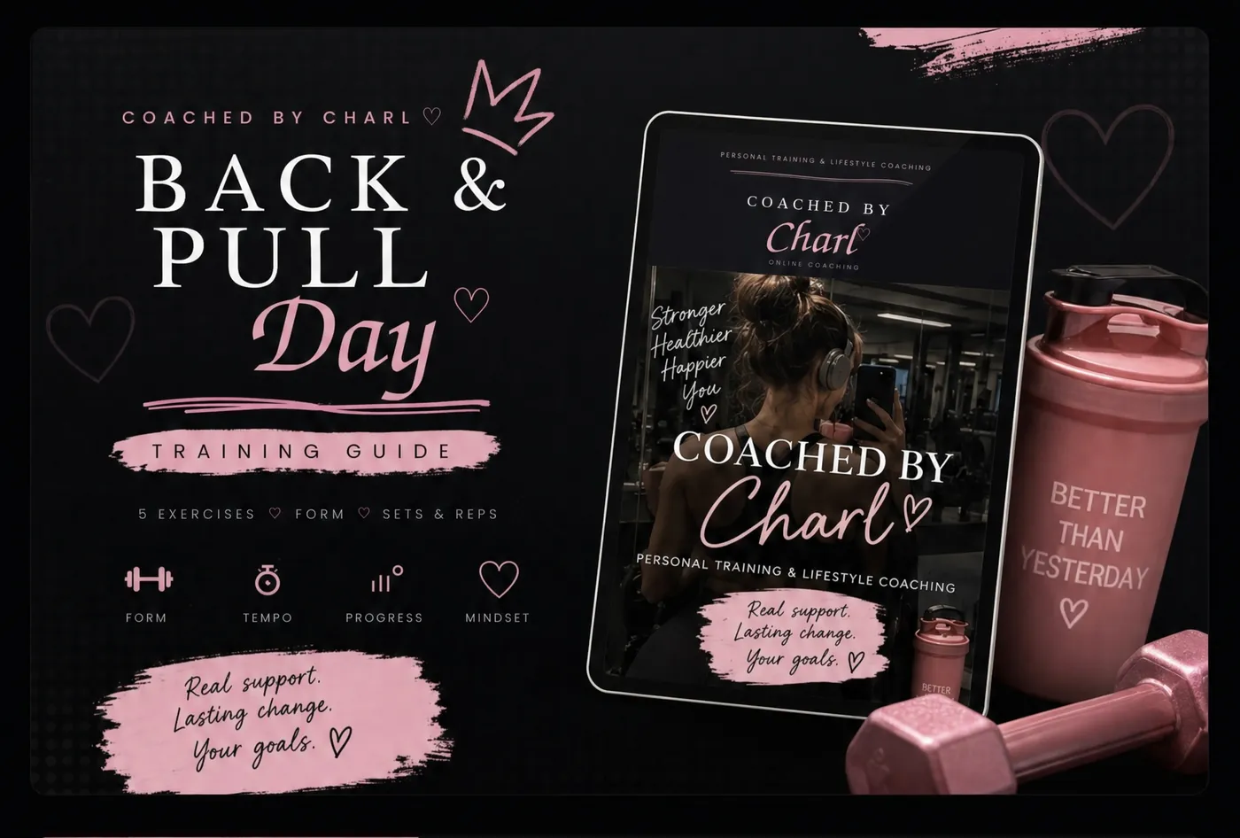 The Back & Pull Day training guide for Coached by Charl, shown on a tablet with Charlie's gym photo on the cover.