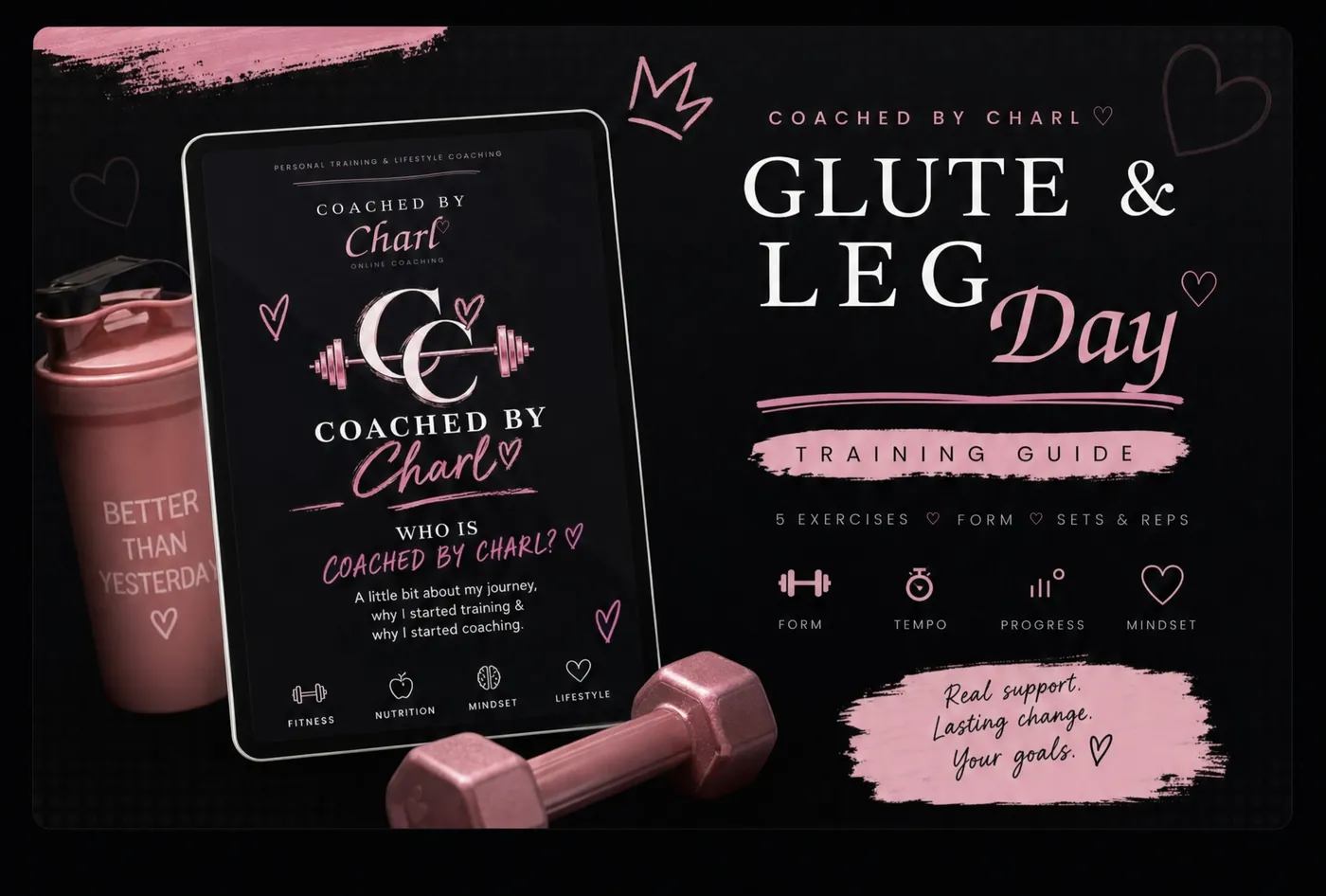 The Glute & Leg Day training guide for Coached by Charl, shown on a tablet: pink lettering on black with the CC barbell logo.